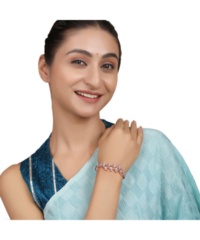 Women's American Diamond Rose Gold Style Statement Leaf Shaped Bracelet