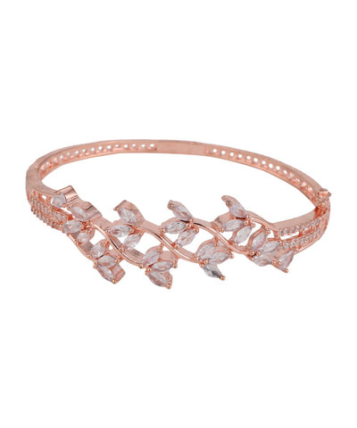 Women's American Diamond Rose Gold Style Statement Leaf Shaped Bracelet