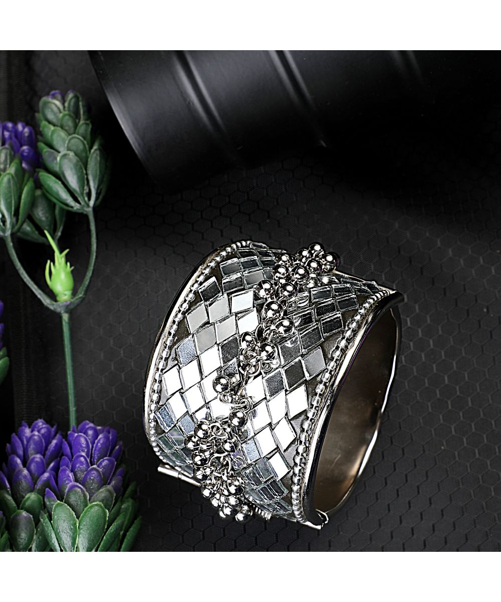 Women's Contemporary Oxidised Broad Bracelet with Mirror and Ghungru studded