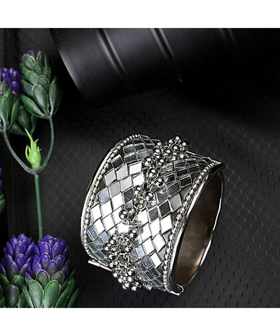 Women's Contemporary Oxidised Broad Bracelet with Mirror and Ghungru studded
