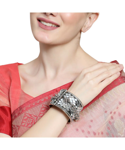 Women's Contemporary Oxidised Broad Bracelet with Mirror and Ghungru studded