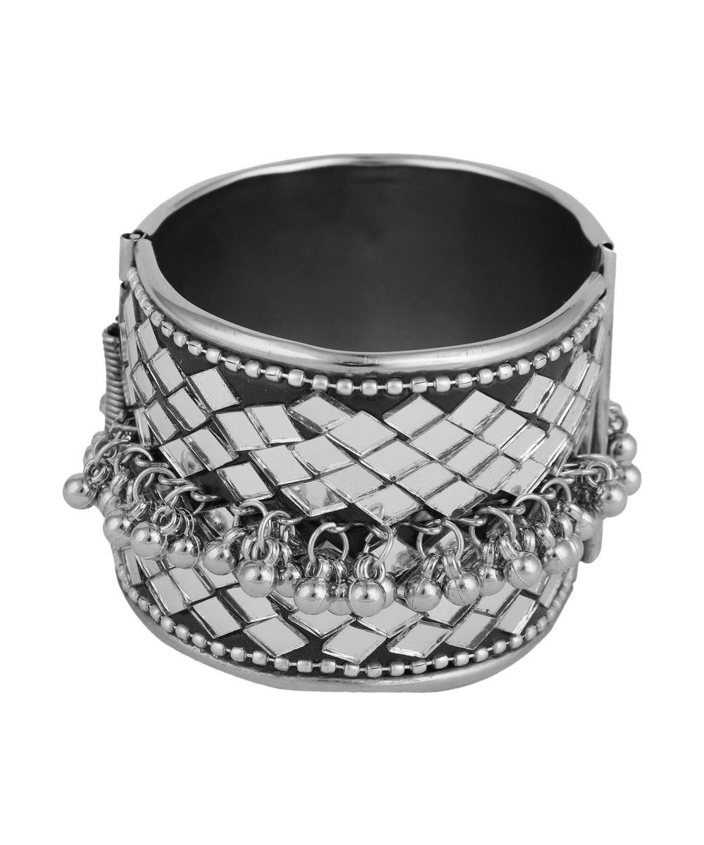 Women's Contemporary Oxidised Broad Bracelet with Mirror and Ghungru studded