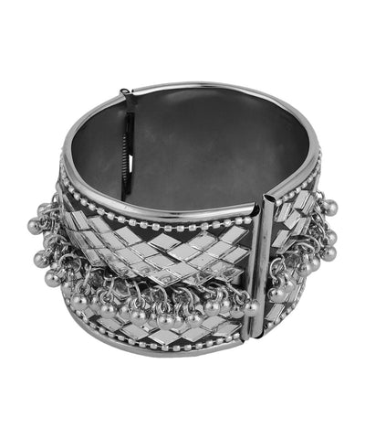 Women's Contemporary Oxidised Broad Bracelet with Mirror and Ghungru studded