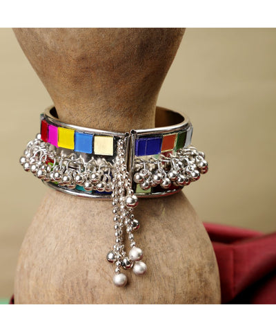 Women's Statement Oxidised Broad Bracelet with Colored Mirror and Ghungru studded