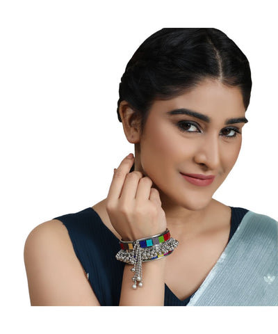 Women's Statement Oxidised Broad Bracelet with Colored Mirror and Ghungru studded