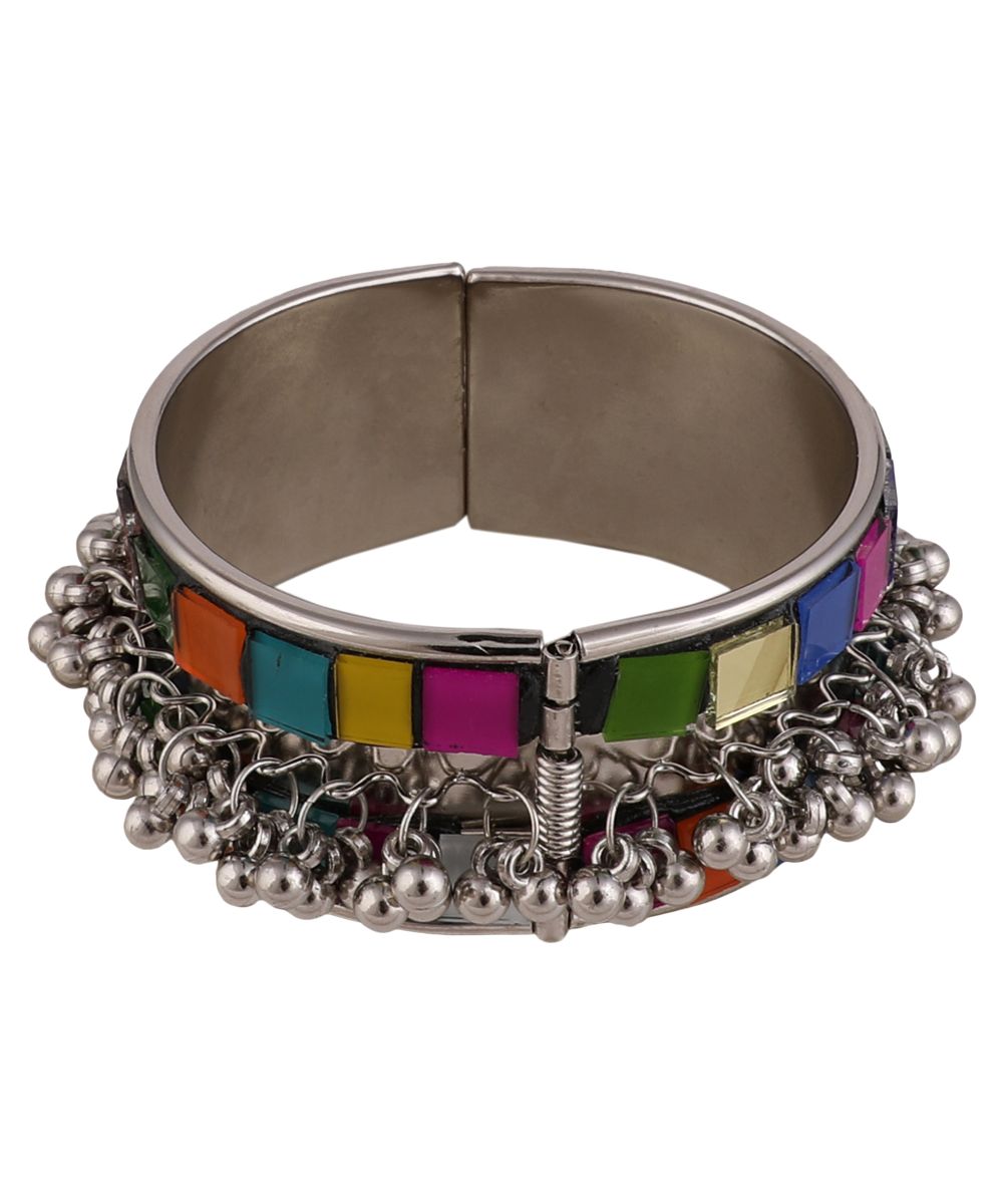 Women's Statement Oxidised Broad Bracelet with Colored Mirror and Ghungru studded