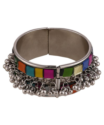 Women's Statement Oxidised Broad Bracelet with Colored Mirror and Ghungru studded