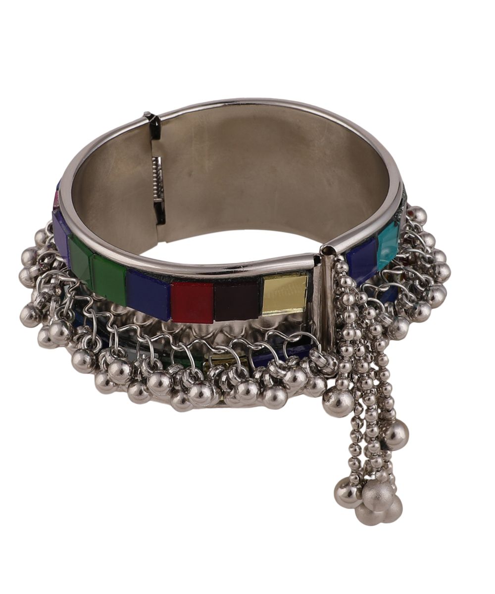 Women's Statement Oxidised Broad Bracelet with Colored Mirror and Ghungru studded