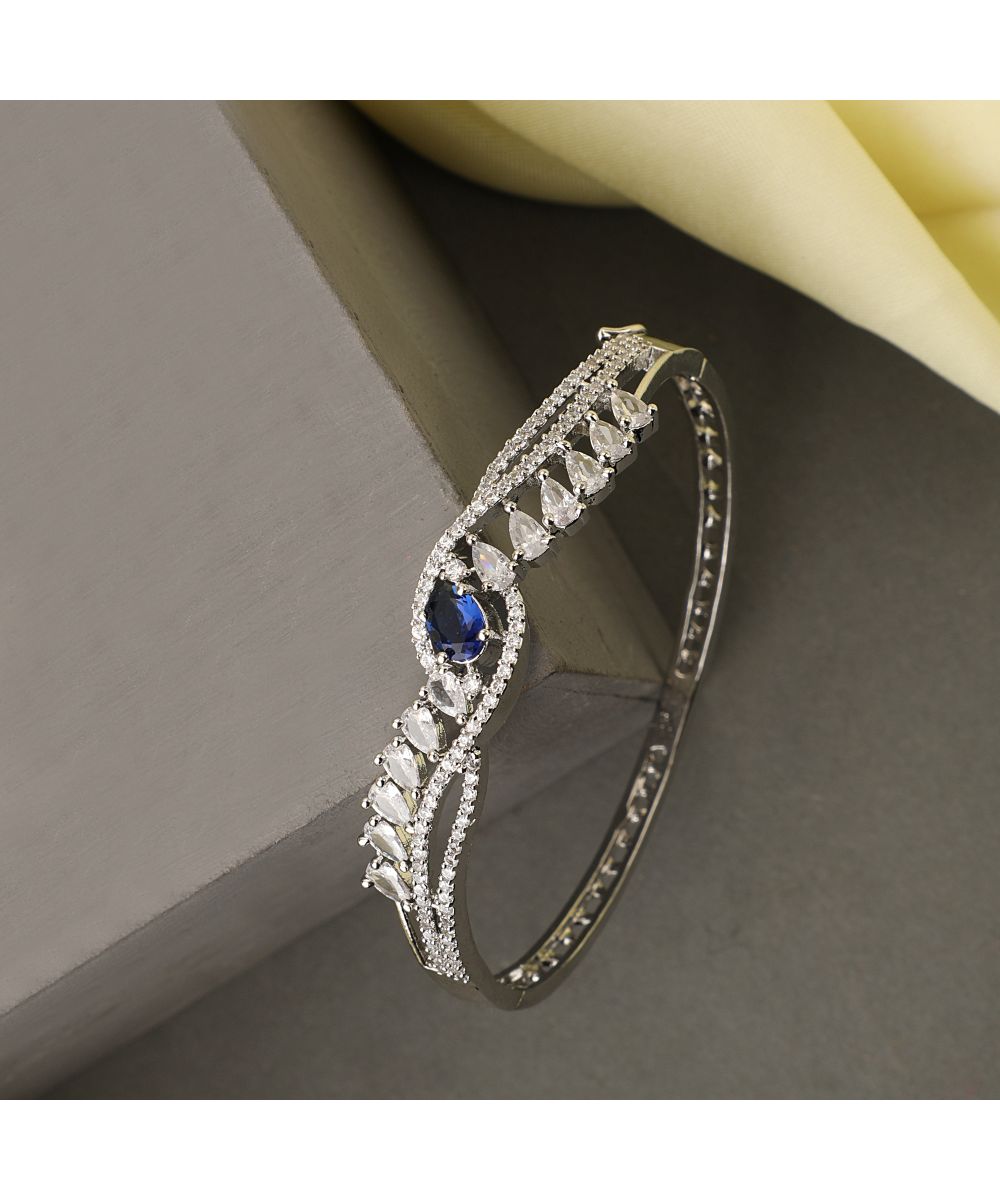 Women's American Diamond Blue Ruby Stone Silver Statement Bracelet