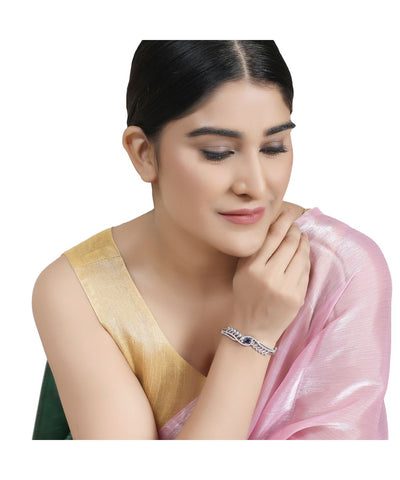 Women's American Diamond Blue Ruby Stone Silver Statement Bracelet