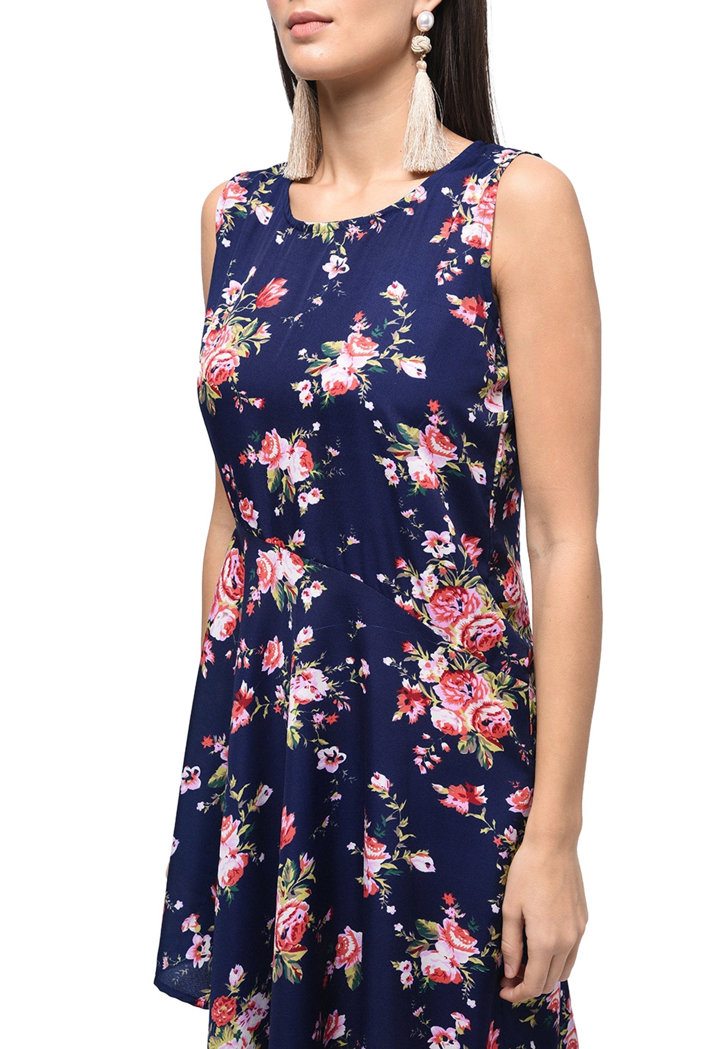 Women's Dark Blue Polyester Printed Sleeveless Round Neck Casual Kurta Only