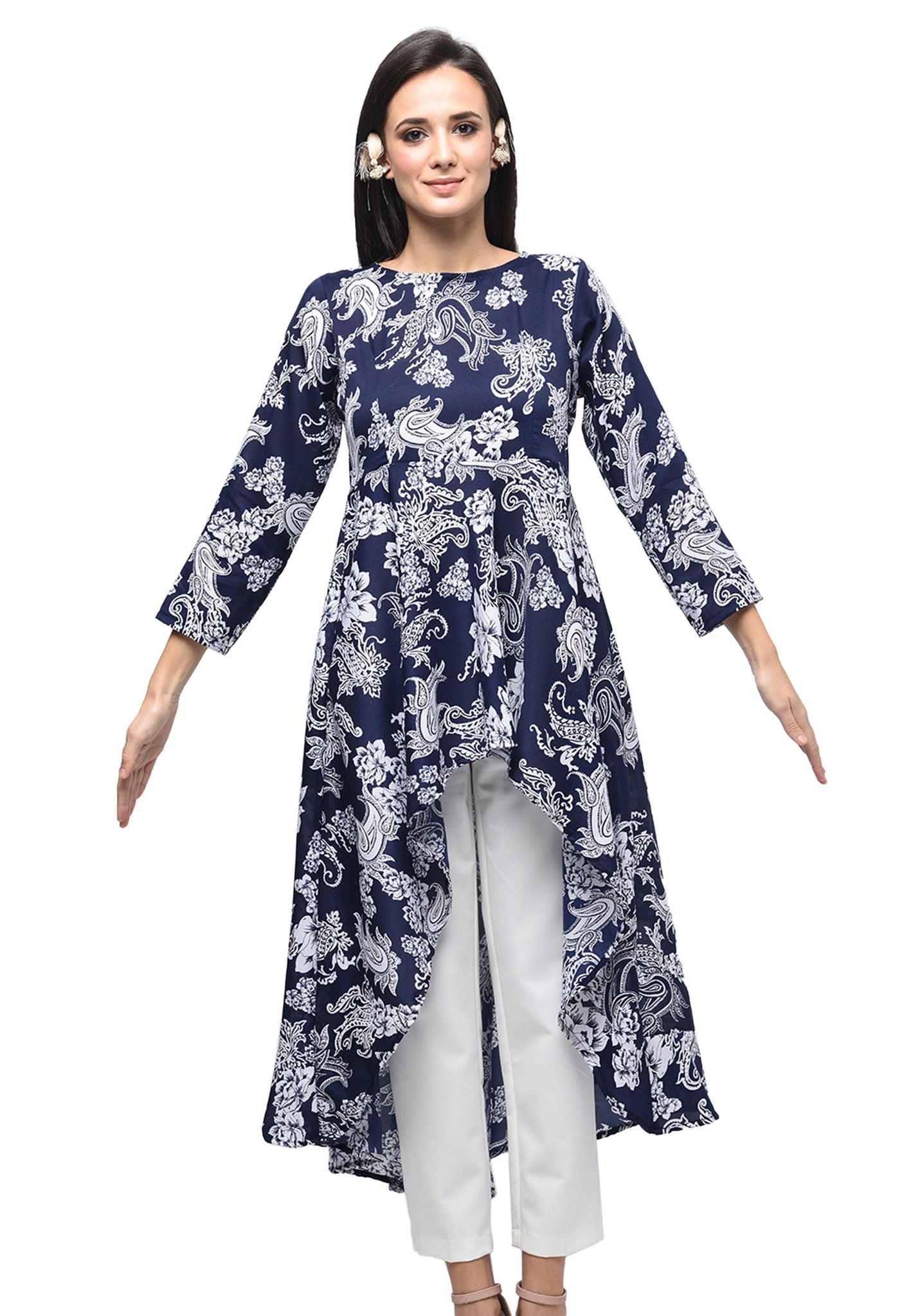 Women's Blue Polyester Printed Regular Sleeves Round Neck Casual Kurta Only