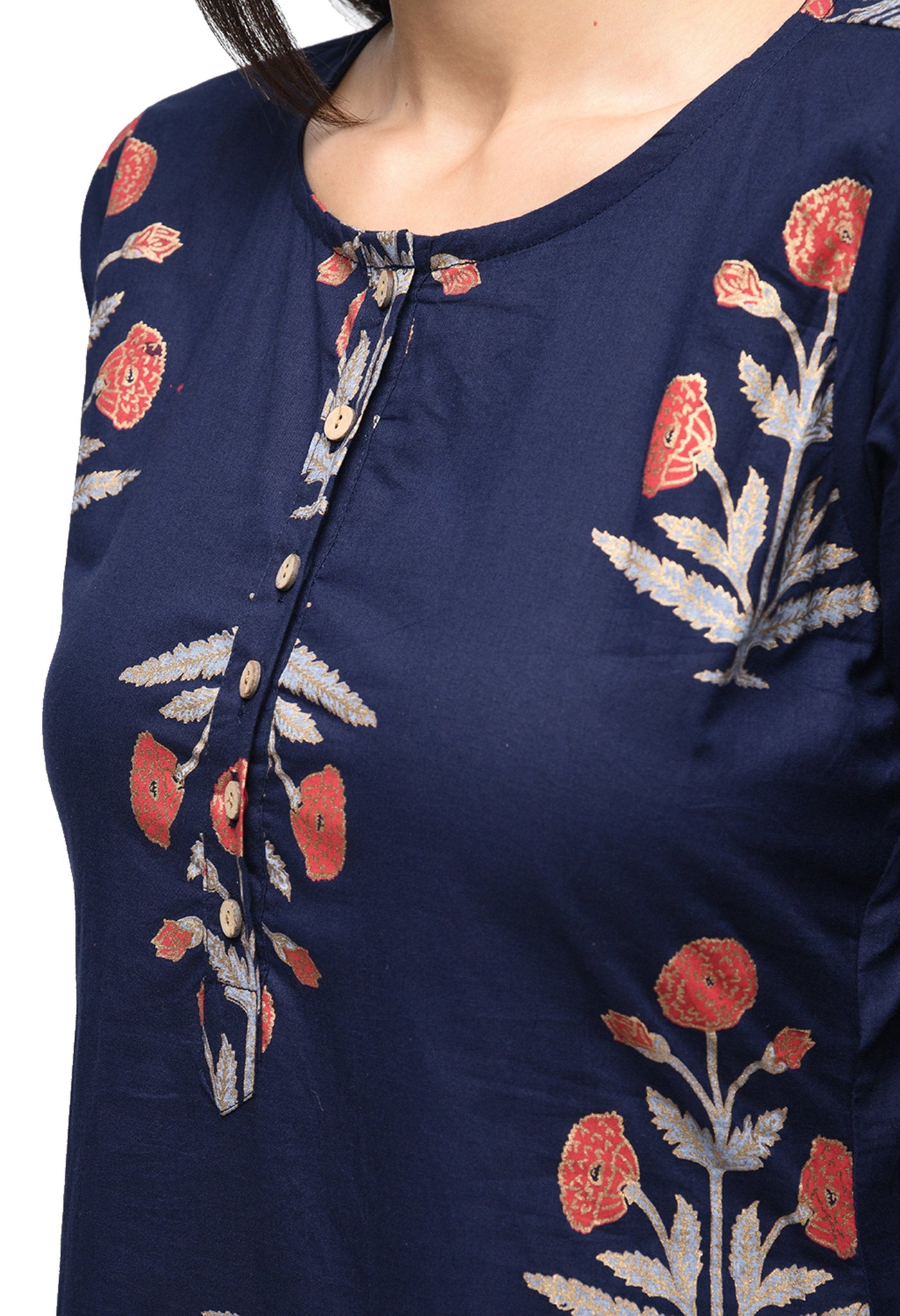 Women's Dark Blue Cotton Printed Regular Sleeves Round Neck Casual Kurta Only