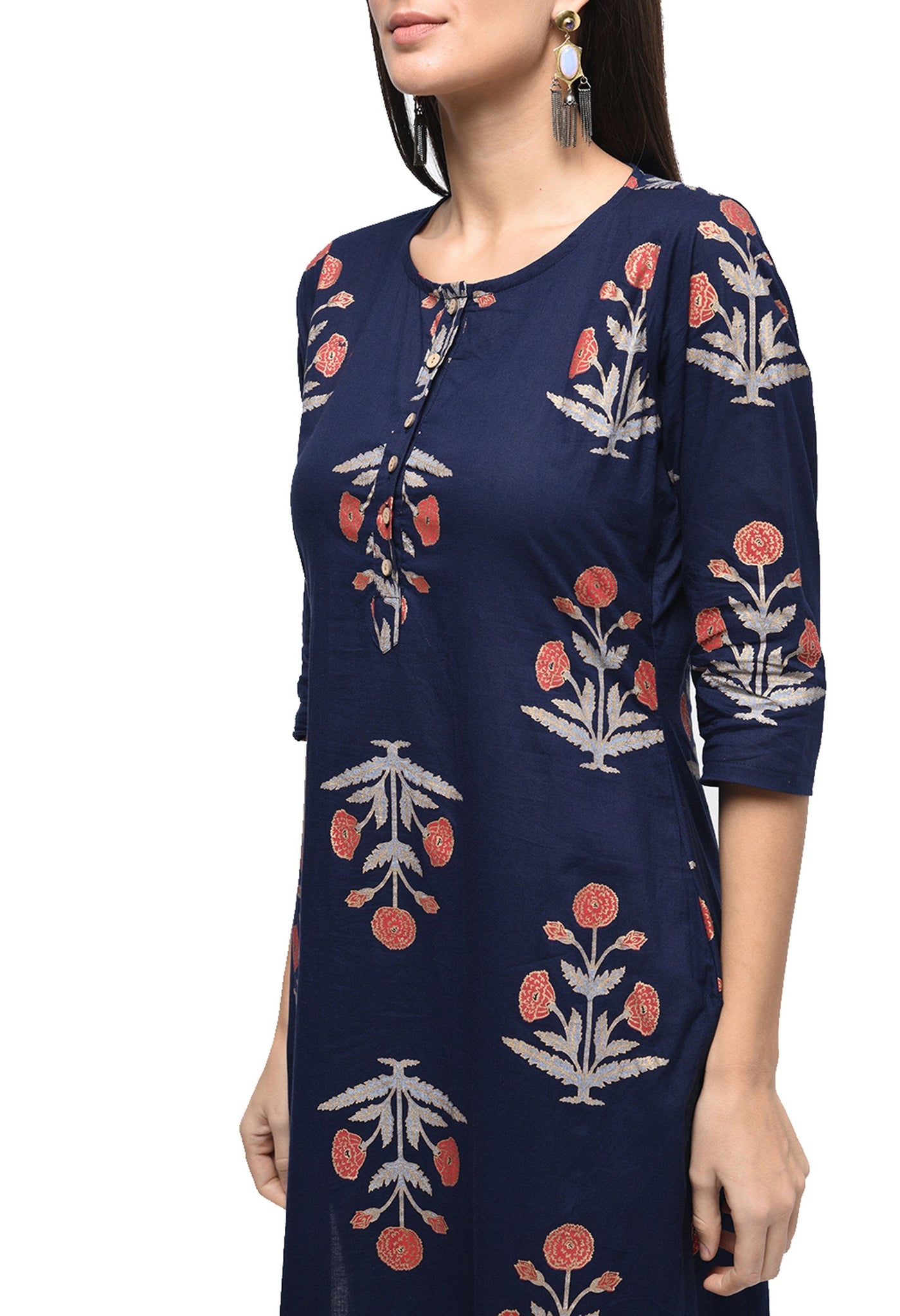 Women's Dark Blue Cotton Printed Regular Sleeves Round Neck Casual Kurta Only