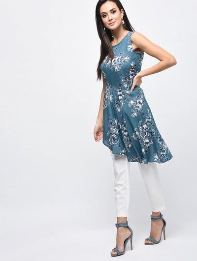 Women's Blue Polyester Printed Sleeveless Round Neck Casual Kurta Only
