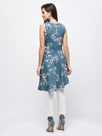 Women's Blue Polyester Printed Sleeveless Round Neck Casual Kurta Only