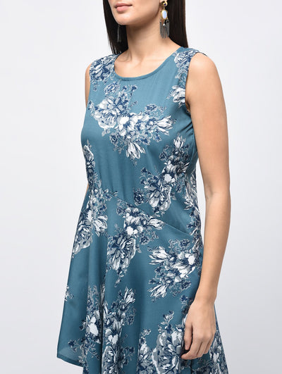 Women's Blue Polyester Printed Sleeveless Round Neck Casual Kurta Only