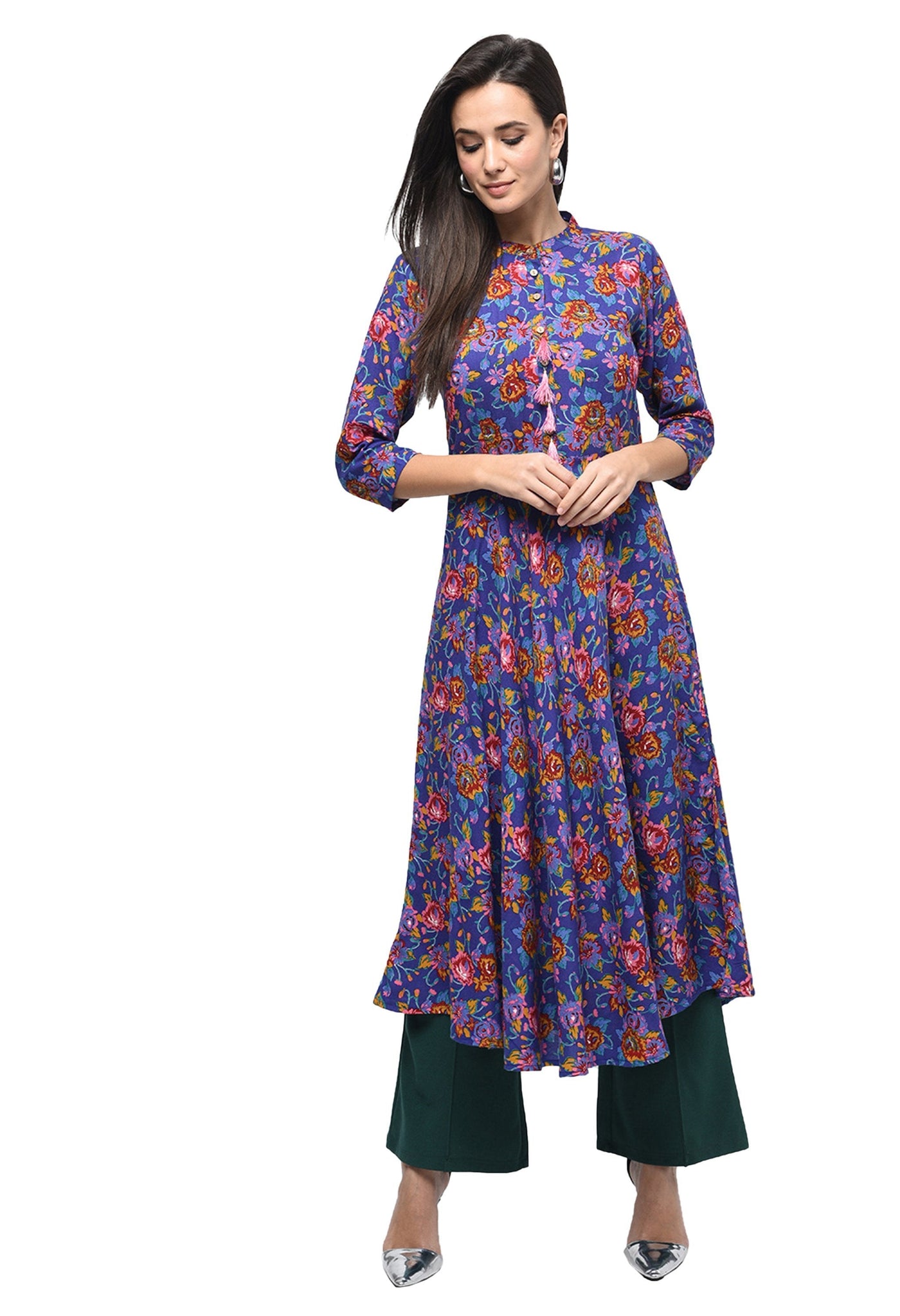Women's Blue Rayon Printed Half Sleeve Round Neck Casual Kurta Only