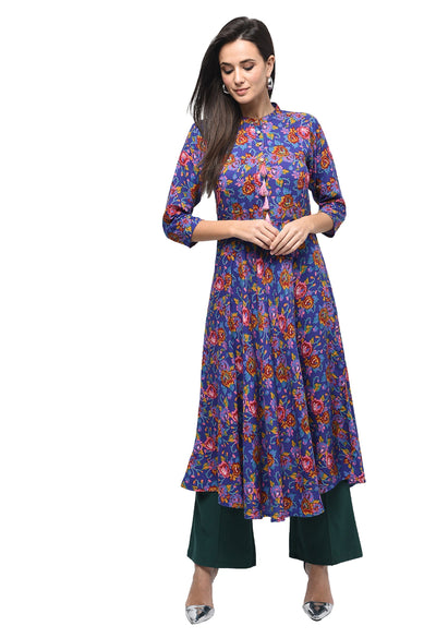 Women's Blue Rayon Printed Half Sleeve Round Neck Casual Kurta Only