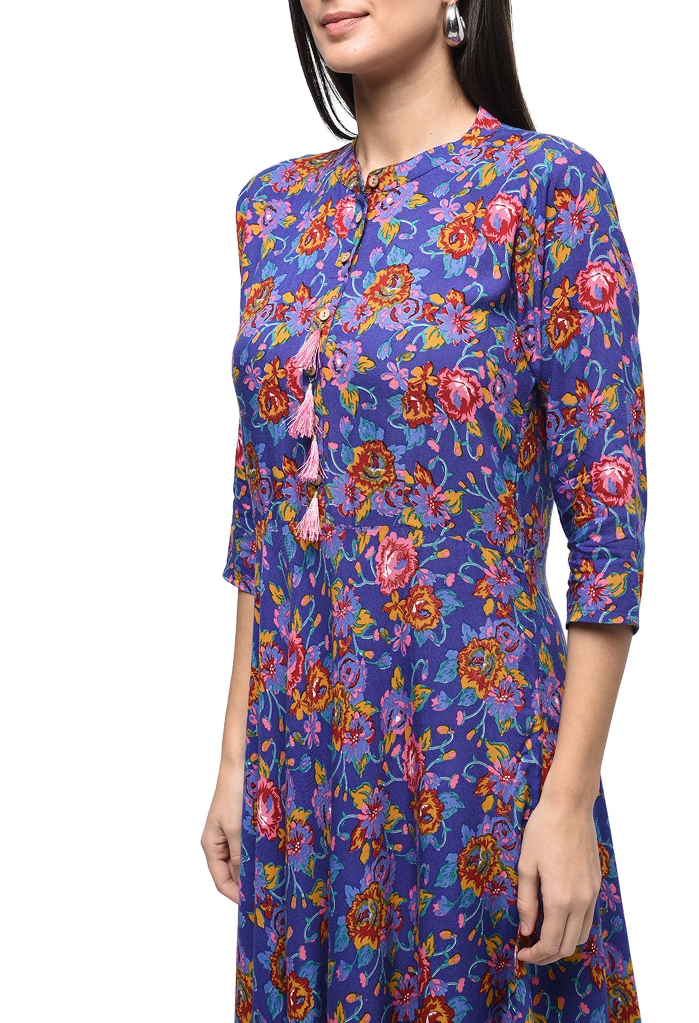 Women's Blue Rayon Printed Half Sleeve Round Neck Casual Kurta Only