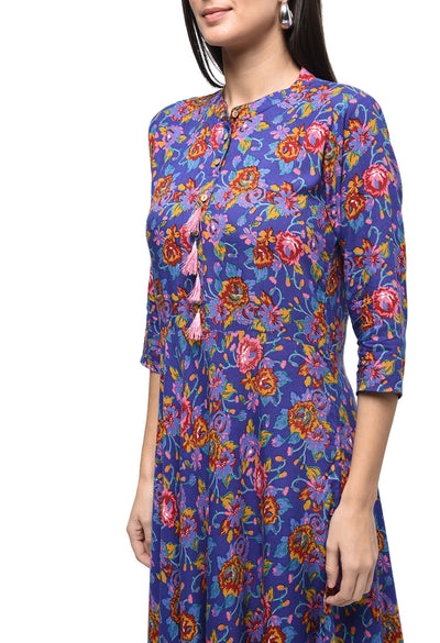 Women's Blue Rayon Printed Half Sleeve Round Neck Casual Kurta Only