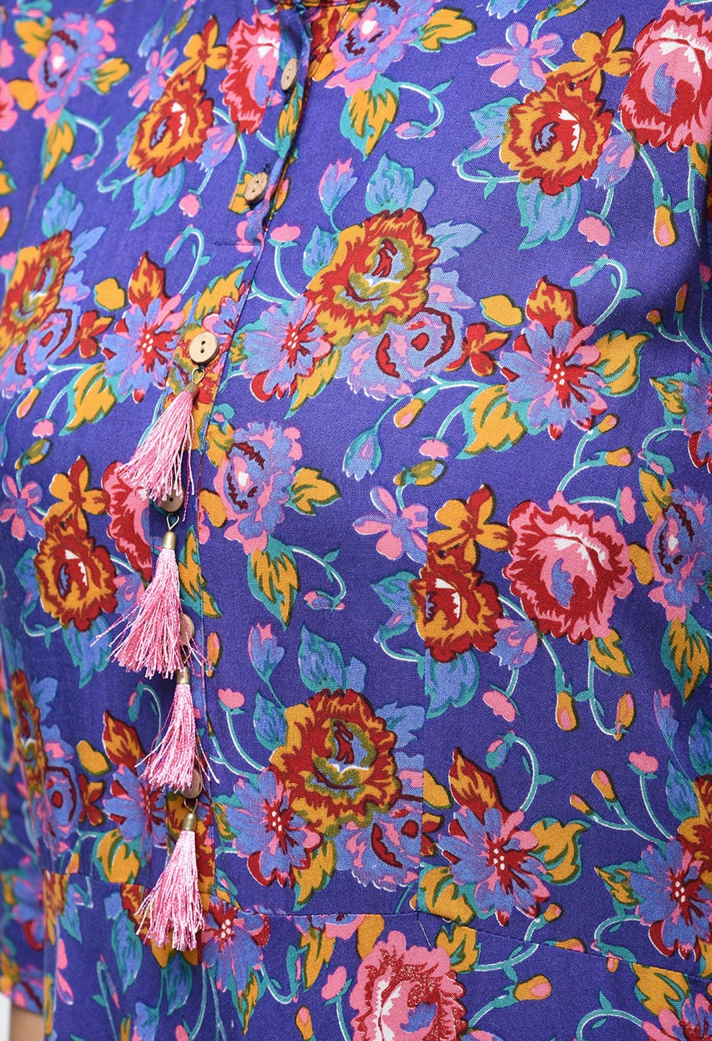 Women's Blue Rayon Printed Half Sleeve Round Neck Casual Kurta Only