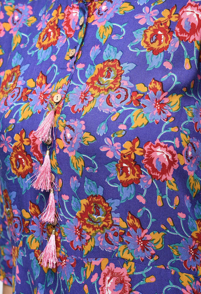 Women's Blue Rayon Printed Half Sleeve Round Neck Casual Kurta Only