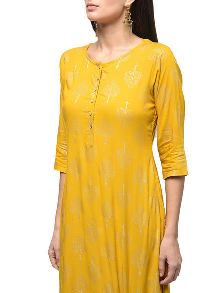 Women's Yellow Rayon Printed 3/4 Sleeve Round Neck Casual Kurta Only