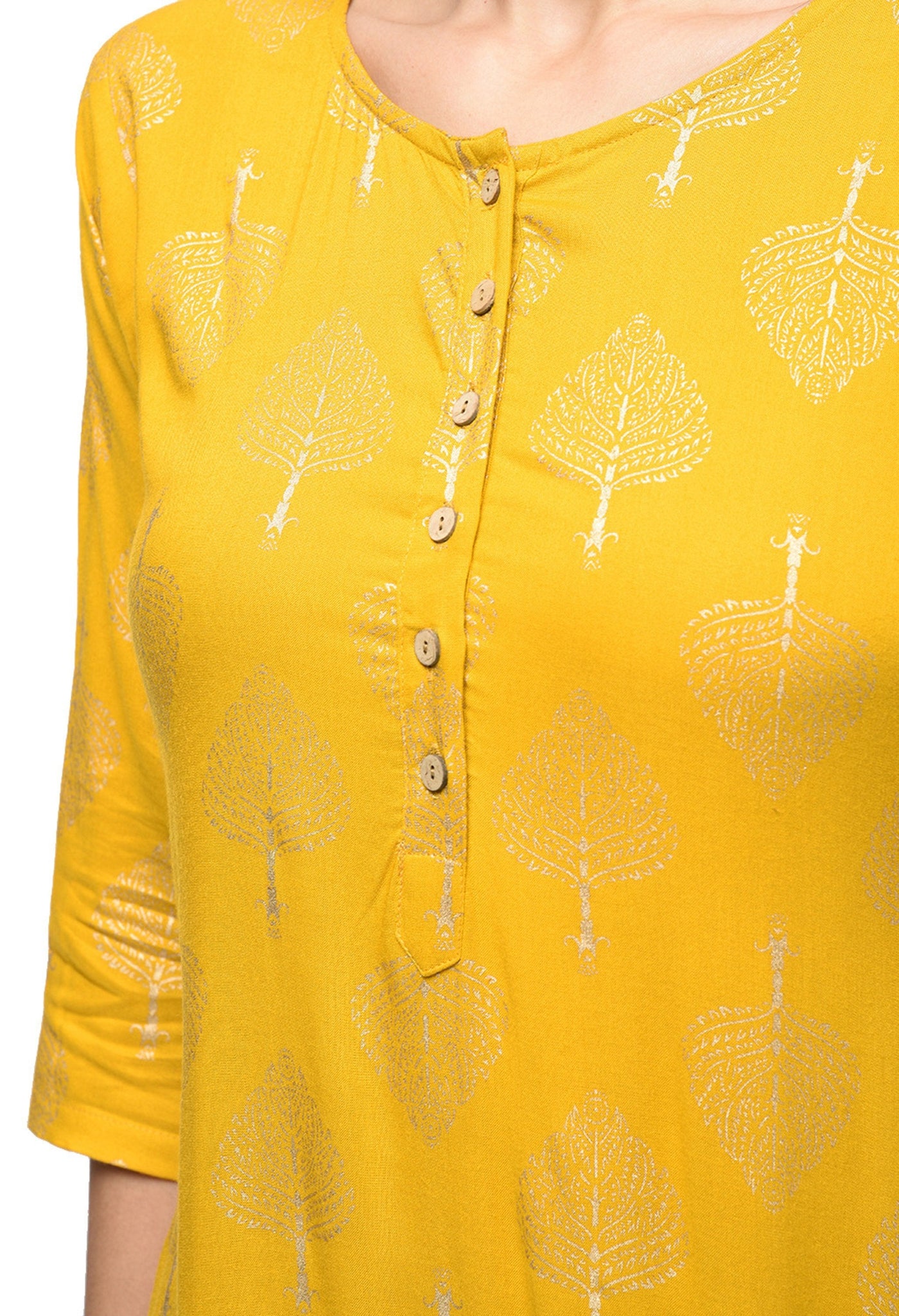 Women's Yellow Rayon Printed 3/4 Sleeve Round Neck Casual Kurta Only
