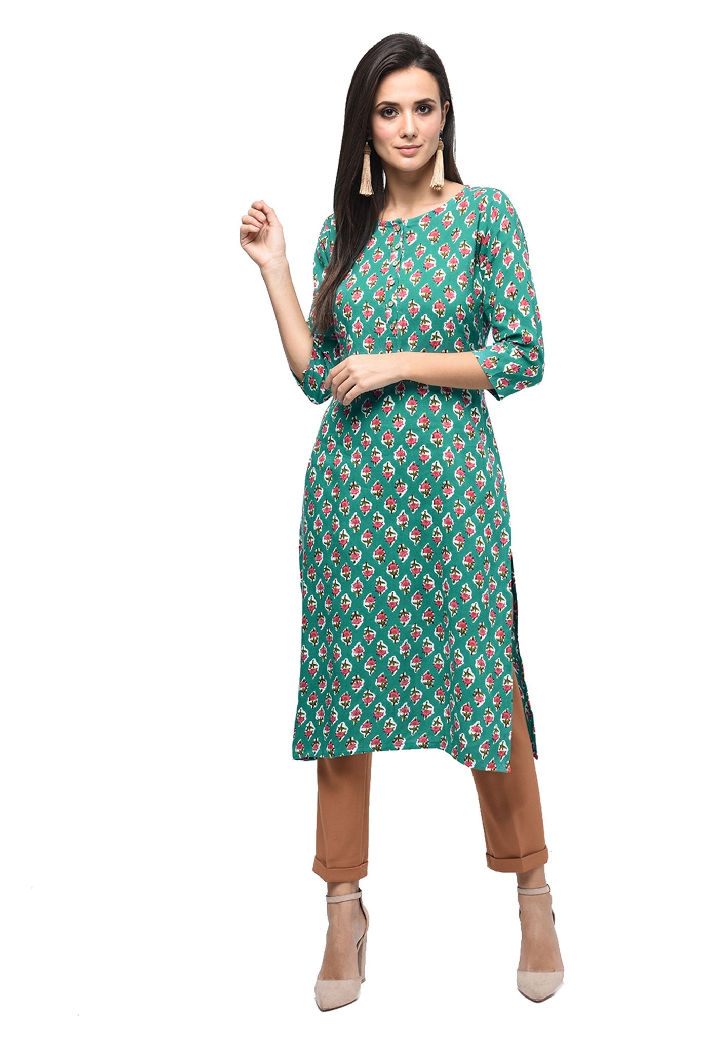 Women's Green Rayon Printed Regular Sleeves Round Neck Casual Kurta Only