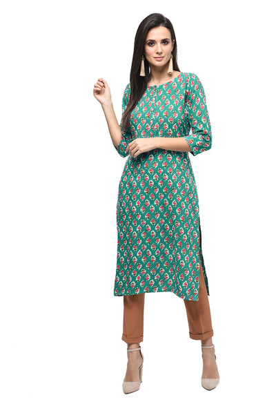 Women's Green Rayon Printed Half Sleeve Round Neck Casual Kurta Only