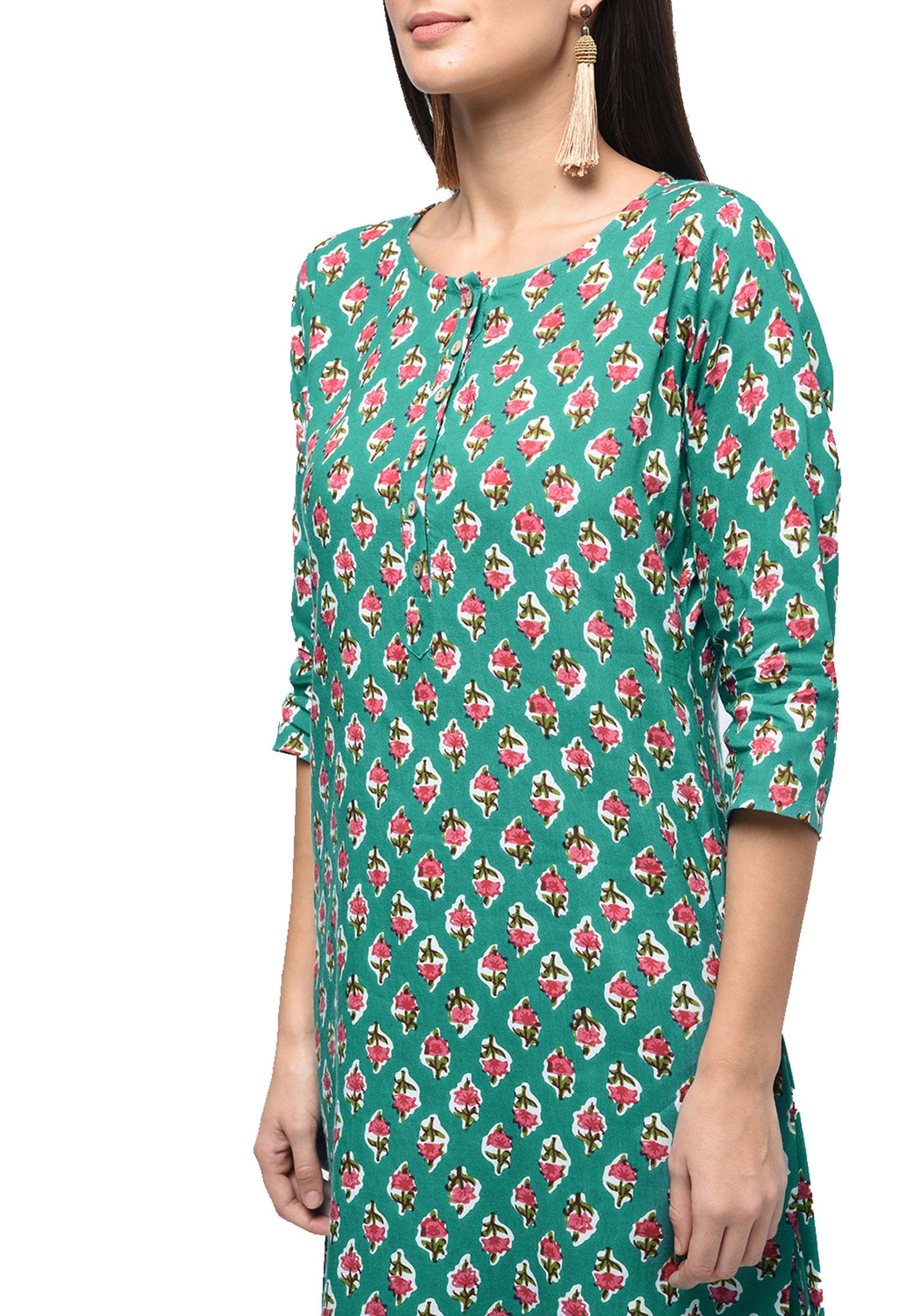 Women's Green Rayon Printed Half Sleeve Round Neck Casual Kurta Only