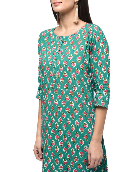 Women's Green Rayon Printed Half Sleeve Round Neck Casual Kurta Only