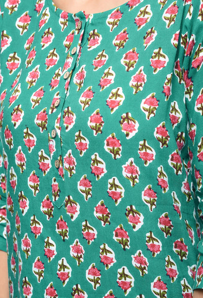 Women's Green Rayon Printed Half Sleeve Round Neck Casual Kurta Only