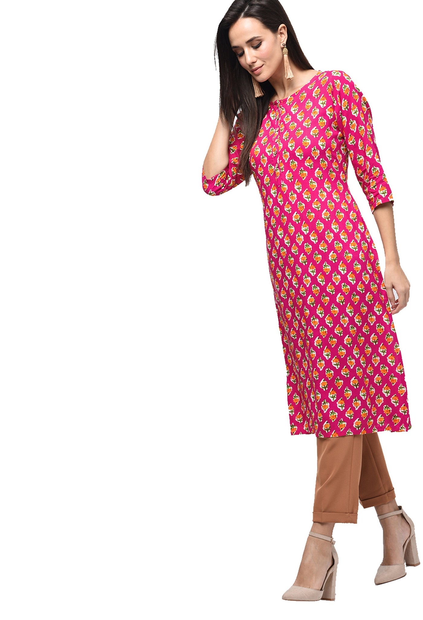 Women's Pink Rayon Printed Regular Sleeves Round Neck Casual Kurta Only