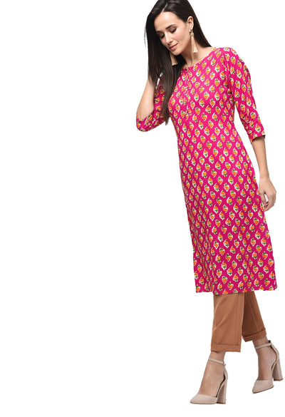 Women's Pink Rayon Printed Regular Sleeves Round Neck Casual Kurta Only