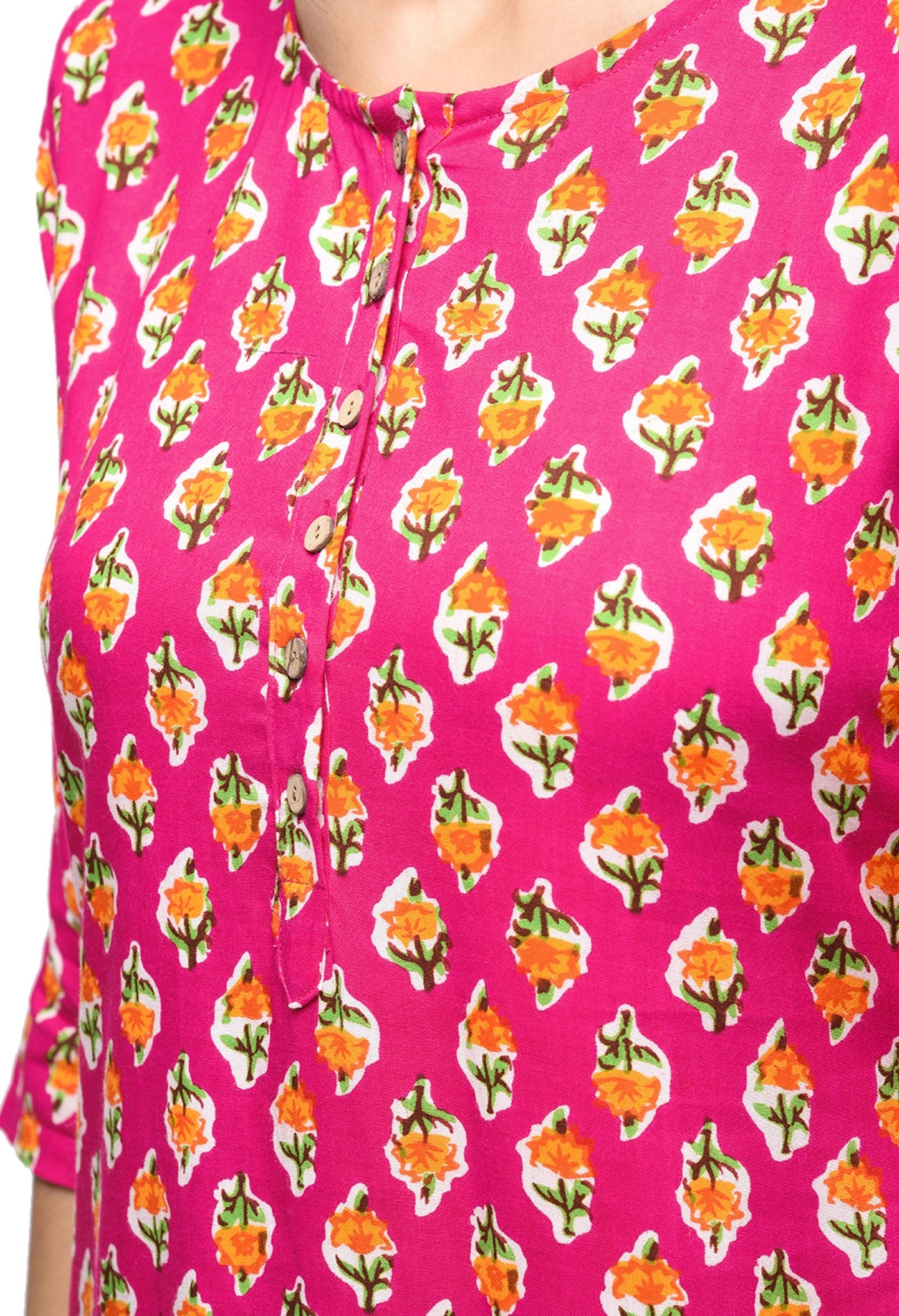 Women's Pink Rayon Printed Regular Sleeves Round Neck Casual Kurta Only