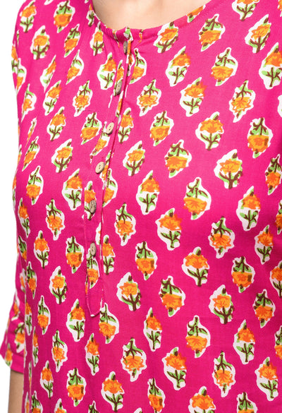 Women's Pink Rayon Printed Regular Sleeves Round Neck Casual Kurta Only