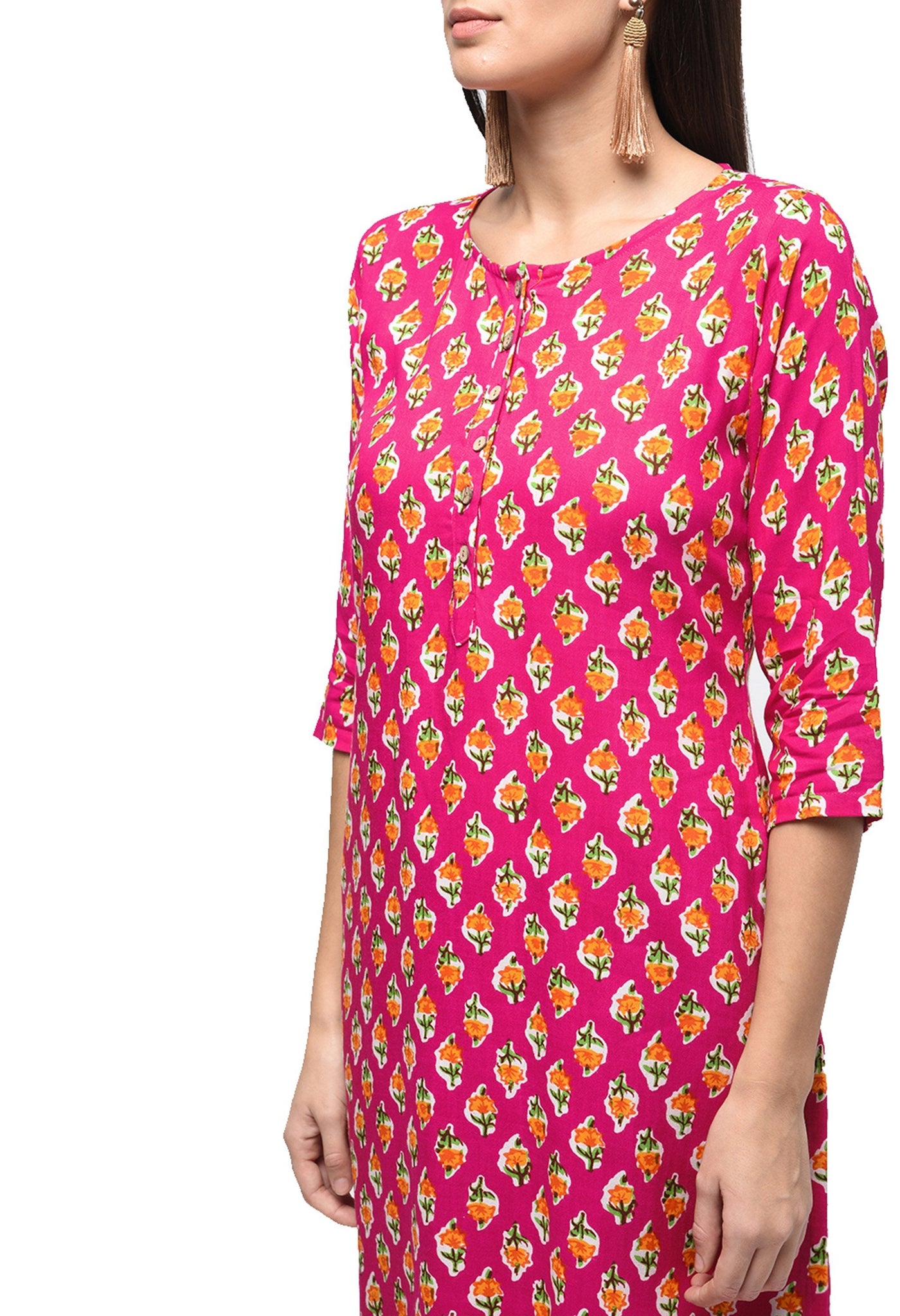 Women's Pink Rayon Printed Regular Sleeves Round Neck Casual Kurta Only