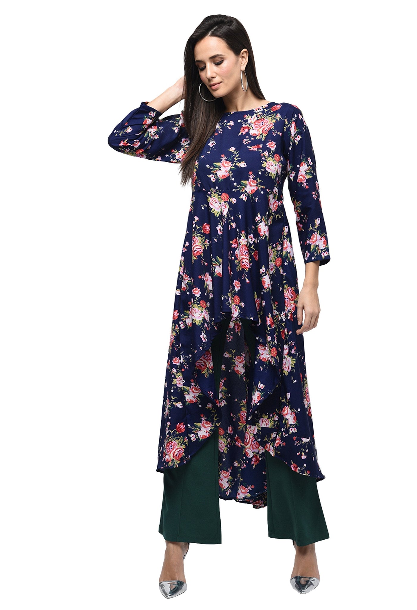 Women's Dark Blue Polyester Printed Regular Sleeves Round Neck Casual Kurta Only