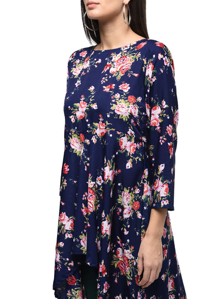 Women's Dark Blue Polyester Printed Regular Sleeves Round Neck Casual Kurta Only