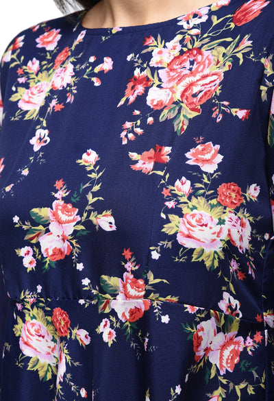 Women's Dark Blue Polyester Printed Regular Sleeves Round Neck Casual Kurta Only