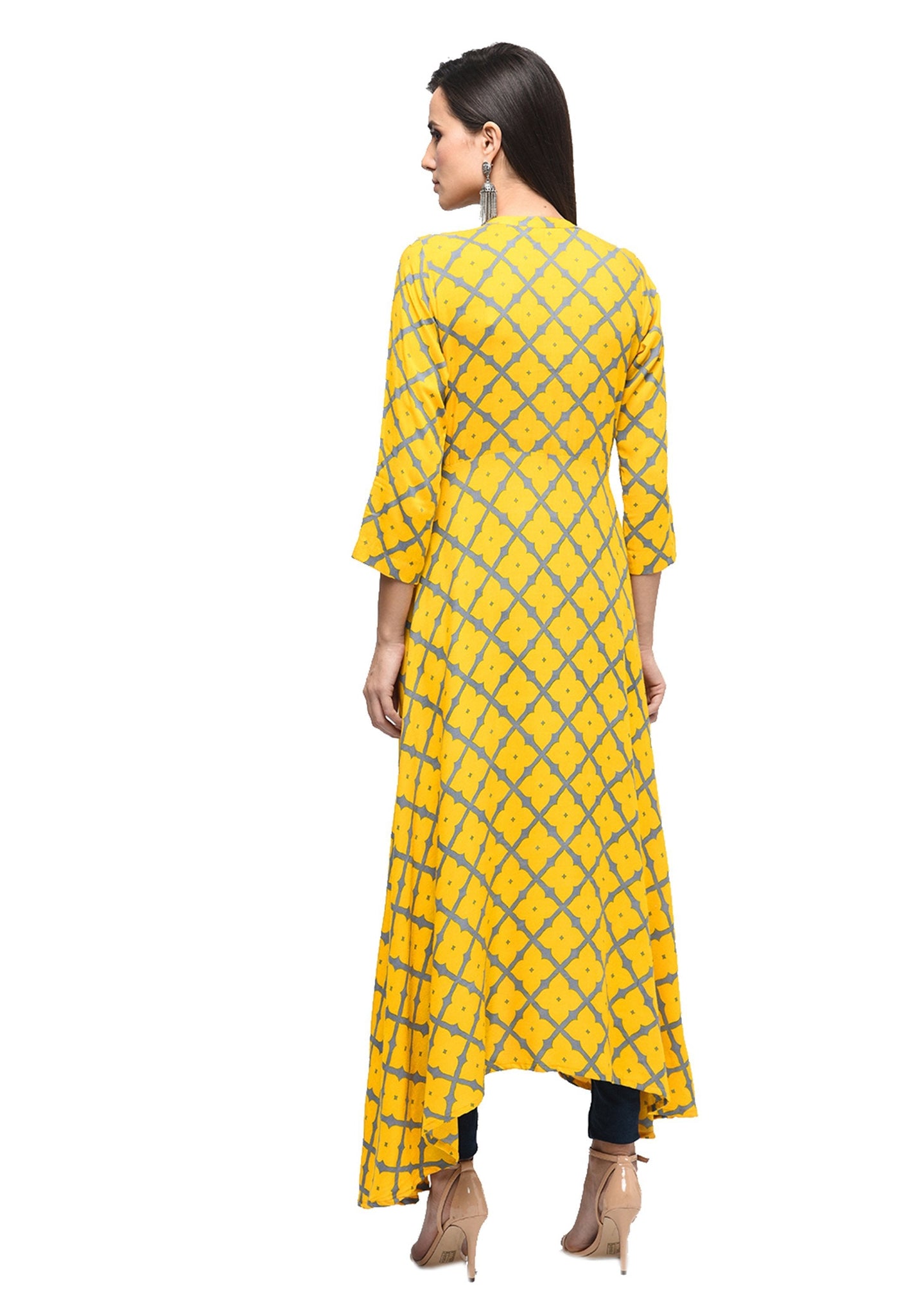 Women's Green Cotton Printed Regular Sleeves Collared Neck Casual Kurta Only