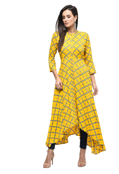 Women's Green Cotton Printed Regular Sleeves Collared Neck Casual Kurta Only