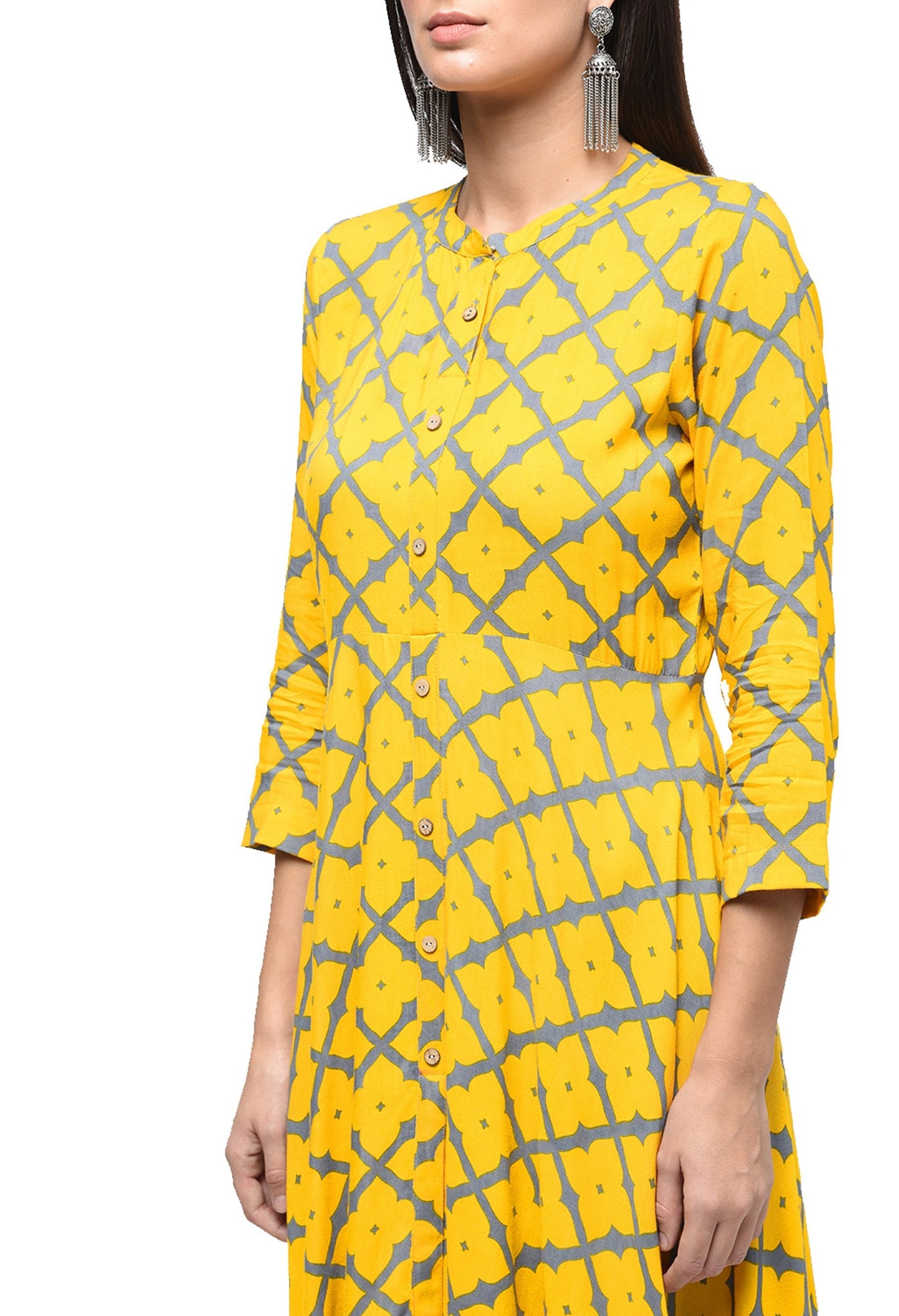 Women's Green Cotton Printed Regular Sleeves Collared Neck Casual Kurta Only