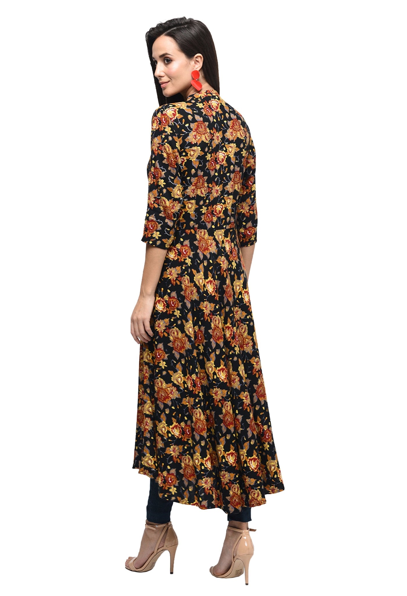 Women's Black Rayon Printed Regular Sleeves Collared Neck Casual Kurta Only