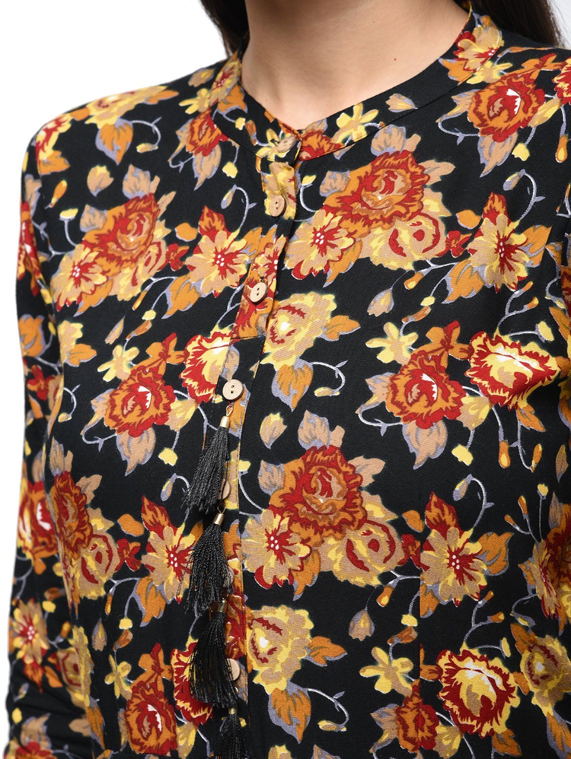 Women's Black Rayon Printed Regular Sleeves Collared Neck Casual Kurta Only