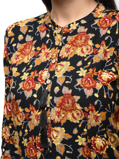Women's Black Rayon Printed Regular Sleeves Collared Neck Casual Kurta Only