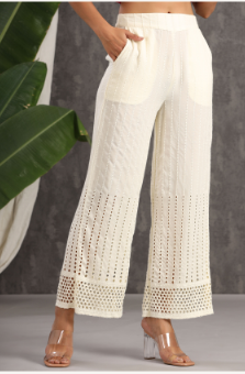 Women's Ivory Rayon Schiffli Flared Palazzo