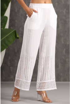 Women's White Rayon Schiffli Flared Palazzo